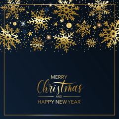 Fototapeta na wymiar Merry Christmas and happy new year - hand lettering vector card. Calligraphy gold holiday inscription with gold snowflakes.