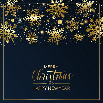 Merry Christmas and happy new year - hand lettering vector card. Calligraphy gold holiday  inscription with gold snowflakes.