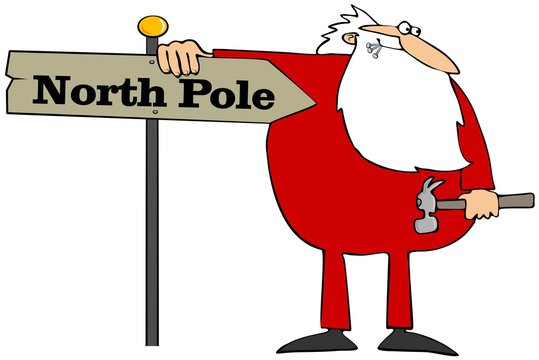 Santa installing a North Pole sign