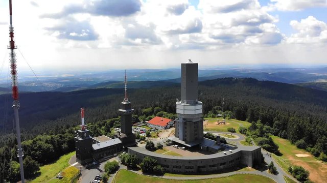 Aerial view and flight at Grosser Feldberg, aerial mast of hr and viewing tower, Oberreifenberg in the background, Hesse, Germany
