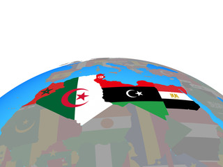 North Africa with national flags on political globe.