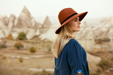 Fall Fashion. Beautiful Woman In Hat, Dress In Nature Portrait