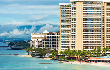 View of the city beach in Honolulu, Hawaii. Copy space for text.