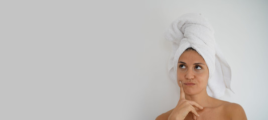 Template, stunning playful natural beauty smiling with towel turban on white background