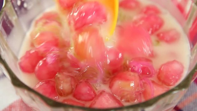 Water chestnuts and Chilled sweet vermicelli in coconut milk or Taptim-Krob and Sarim, Thai famous dessert
