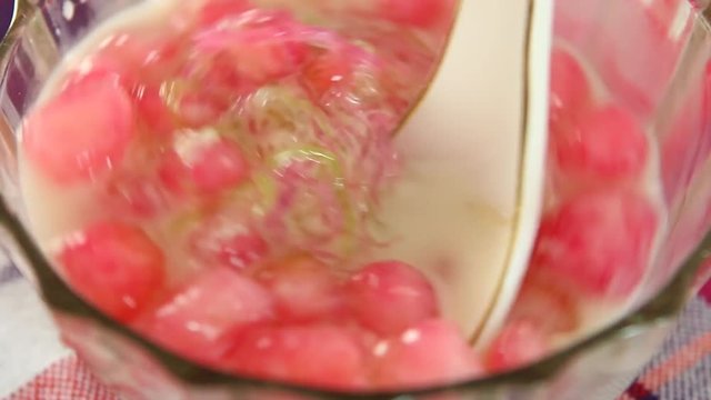 Water chestnuts and Chilled sweet vermicelli in coconut milk or Taptim-Krob and Sarim, Thai famous dessert
