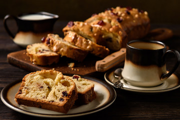 Homemade sweet bread loaf with cranberries and white chocolate.