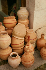 Fototapeta na wymiar Pottery. Handmade Ceramic Clay Jugs Closeup