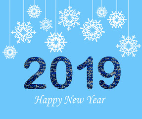2019 New Year on a blue background and white snowflakes 2