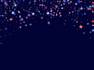 Flying red blue white star sparkles vector american patriotic background.