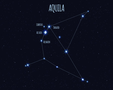 Aquila (The Eagle) constellation, vector illustration with the names of basic stars against the starry sky