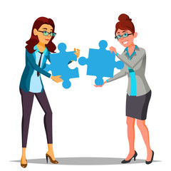 Fototapeta premium Partnership Vector. Two Business Woman Holding In Hands Two Large Puzzles And Put It Together. Illustration