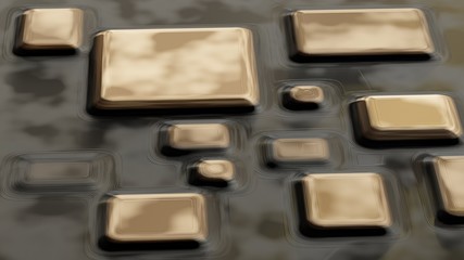 Raster golden texture, gold level lines pattern, curved square rounded metal plates background with reflection. Abstract dynamic surface. 3d illustration