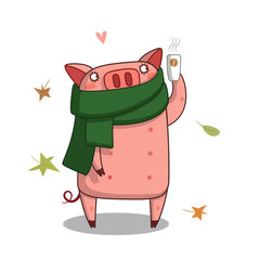 piggy with a Cup of coffee