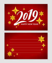 2019 hand written lettering with golden Christmas stars on a black background. Happy New Year card design. Vector illustration EPS 10 file.