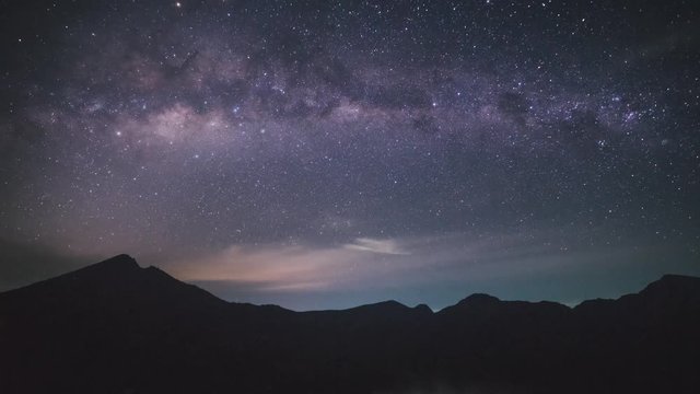 Night time-lapse of the milky way and star trails at mount Rinjani in Indonesia Lombok in 4K. 
