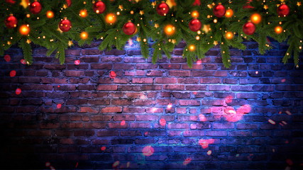 Christmas tree garland on the background of an old brick empty wall. Christmas balls on the garland. Sparks, neon spotlight, illuminated Christmas