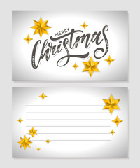 Fototapeta na wymiar Merry Christmas Calligraphic Inscription Decorated with Golden Stars and Beads.