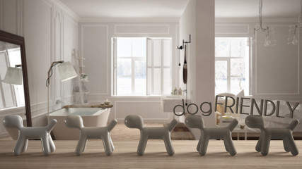 Wooden table top or shelf with line of stylized dogs, dog friendly concept, love for animals, animal dog proof home, scandinavian bedroom and bathroom, cool interior design
