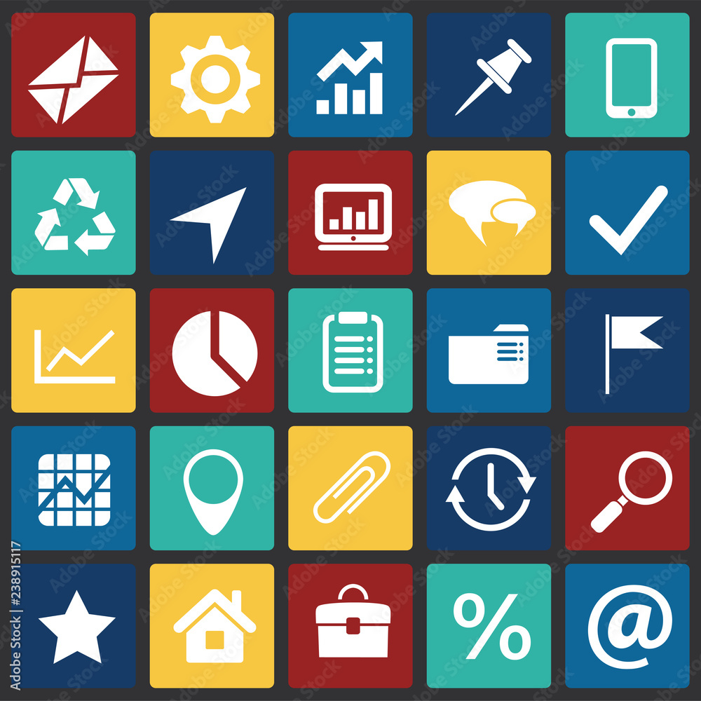Poster business simple icons set on color squares background for graphic and web design, modern simple vect