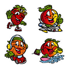 fruit mascot strawberry orange peach present skater surfer driver and pilot in aircraft and in car clipart