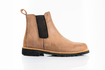 Male brown leather boots on white background, isolated product.