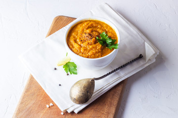 Carrot soup puree with lemon spices and herbs