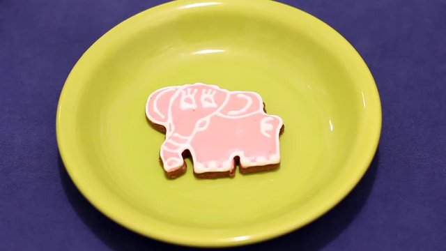 hand takes away gingerbread cookie in the form of an elephant from a plate, traditional Russia North (Arkhangelsk) christmas bakery 