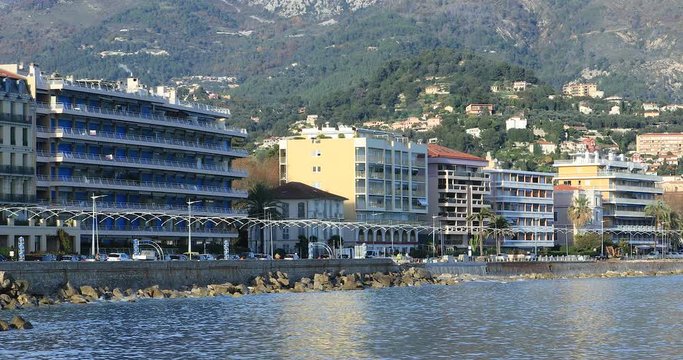 Roquebrune-Cap-Martin Resort Town Skyline From The Mediterranean Sea In The French Riviera Coastline, Alpes-Maritimes, France - DCi 4K Video