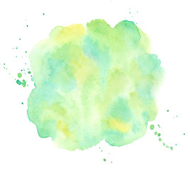 Spring, summer, eco, nature, Easter watercolor background with yellow, grass green, emerald aquarelle stains. Rounded, circle shape. Soft pastel colors. Hand drawn abstract blotchy watercolour fill.