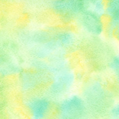 Spring, summer, eco, nature, Easter watercolor background with yellow, grass green, emerald aquarelle stains. Soft, light pastel colors. Hand drawn blotchy, spotty abstract square watercolour fill.