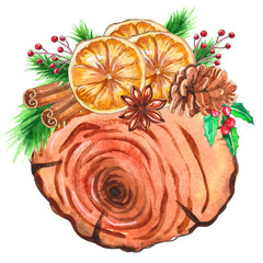 watercolor wood slices with Christmas decor.