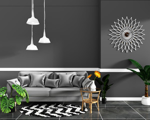 interior design empty room black wall and granite tile floor mock up. 3D rendering 