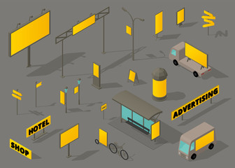 Outdoor out-of-home advertising media Isometric set. OOH formats.