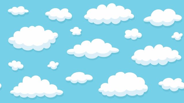 Blue sky full of clouds moving left to right. Cartoon sky animated background. Flat animation