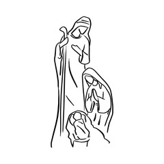 Fototapeta na wymiar Nativity Scene of baby Jesus in manger with Mary and Joseph vector illustration sketch doodle hand drawn with black lines isolated on white background.