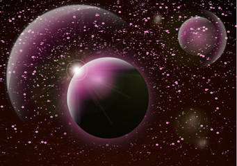 Deep space background. Universe with planets and bright stars. Effects of halo light on a dark background, flashes of light. Vector illustration.