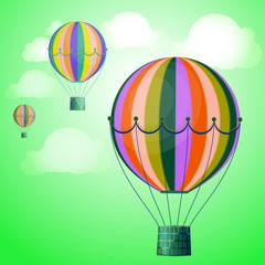 Fototapeta premium Large colored balloons soar against the bright sky and clouds. Vector illustration for your design.