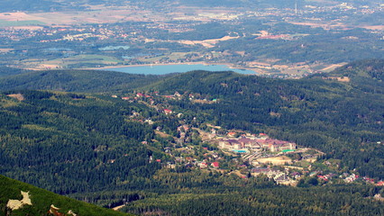 A view of Karpacz from Sniezka in Polish Sudetes, in the background Sosnowka Lake in Jelenia Gora Valley
