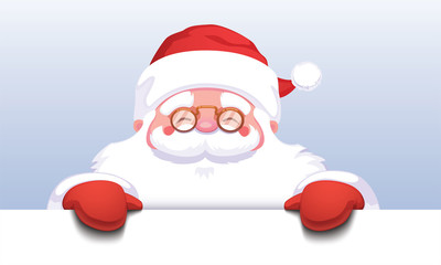 Santa Claus holding empty sign. Cute cartoon santa claus. Christmas concept. Vector stock. Blue background