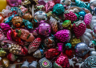 Different colorful Christmas toys ,golden fish, stars, cones. New year.Christmas background