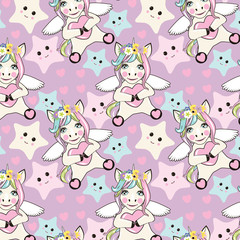A pattern with small unicorns with wings on the background