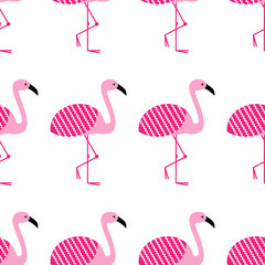 Pink flamingos seamless pattern on white background. Standing posture. Zoo bird park. Vector design illustration.