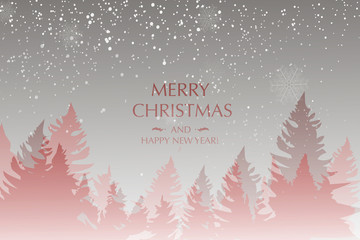 Winter landscape background with falling snow, spruce forest silhouette