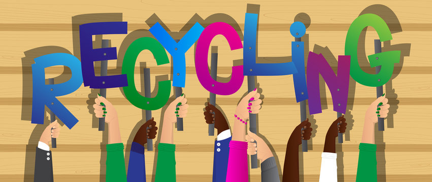 Diverse hands holding letters of the alphabet created the word Recycling. Vector illustration.