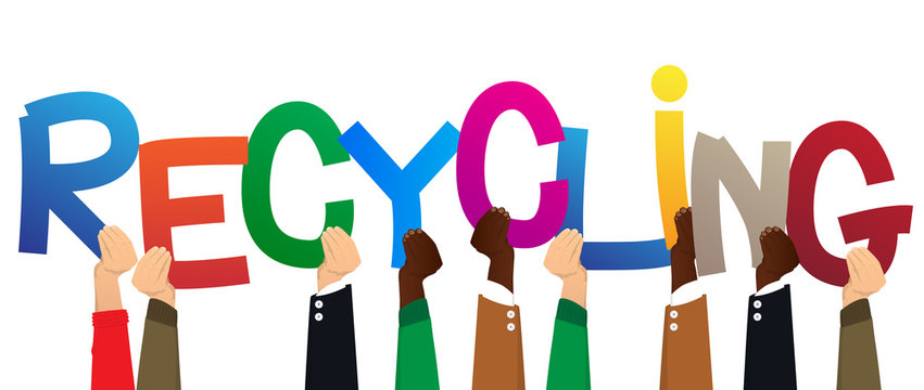 Diverse hands holding letters of the alphabet created the word Recycling. Vector illustration.
