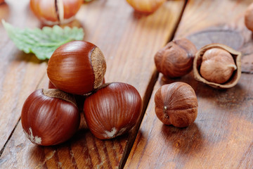 hazelnuts close up on wooden table