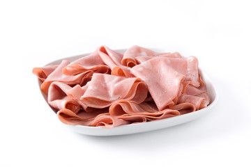 Mortadella slices on white plate isolated on white background