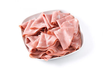 Mortadella slices on white plate isolated on white background