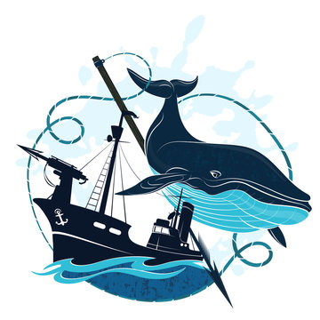 Whaler with harpoon and blue whale vector